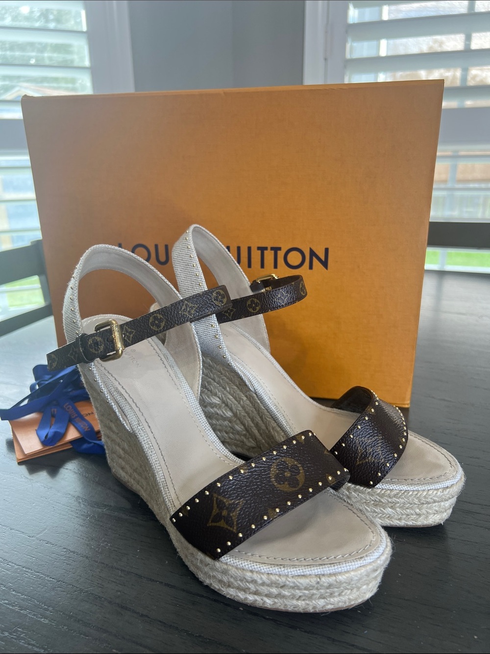 Louis Vuitton Brown Monogram Espadrille Wedge Sandals with Studded Strap